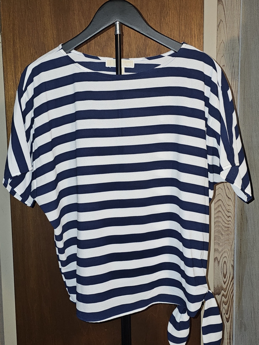 Michael Kors Navy & White Striped Short Sleeve Petite Top with Side Tie